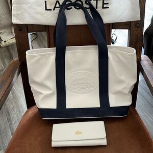 Lacoste White and Blue Tote Bag Bundle with Matching Wallet